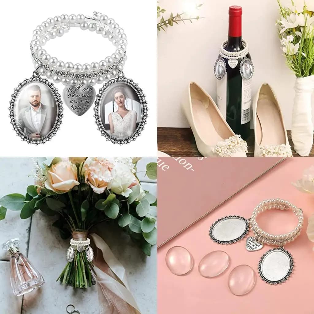 Decorazione floreale fidanzamento, cornice per foto, ciondolo a cuore, braccialetto, bouquet commemorativo