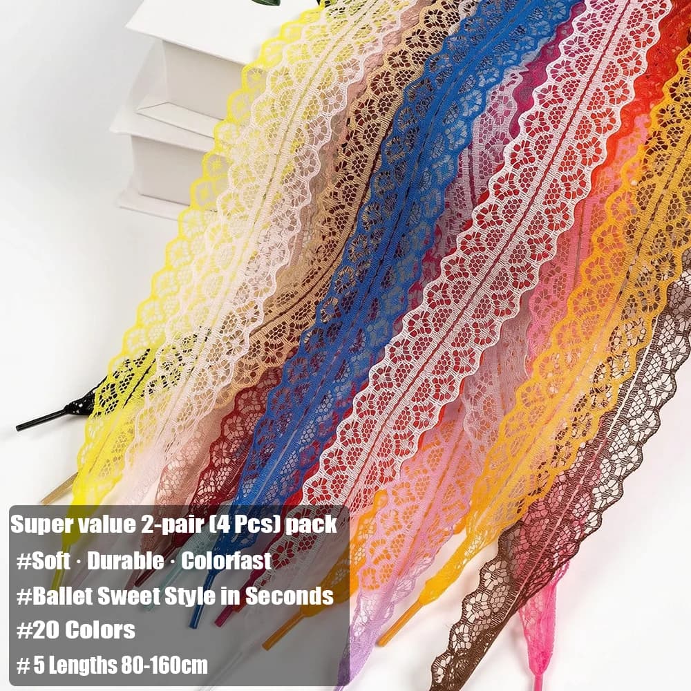 4Pcs/2 Pairs 3 cm /1 inch Lace Trim Shoelaces Ballet Style Satin Ribbon Cute DIY Wide Flat Laces for Sneakers German Army Traine