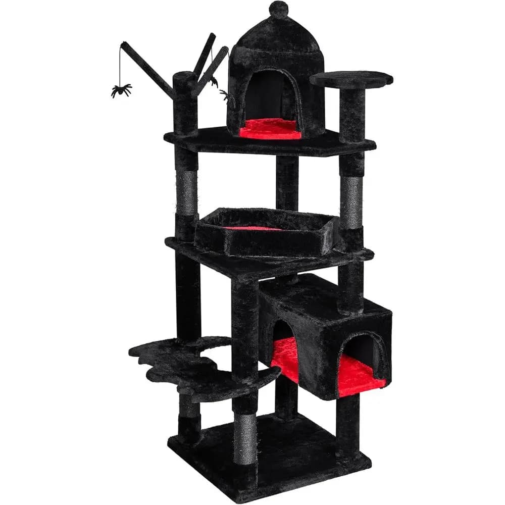 Grande Torre per Gatti in Stile Gotico con Letto a Forma di Moneta, Tiragraffi, Adatta per Gatti di Oltre 9 kg, Cuccia Alta per Gatti, Nero e Rosso