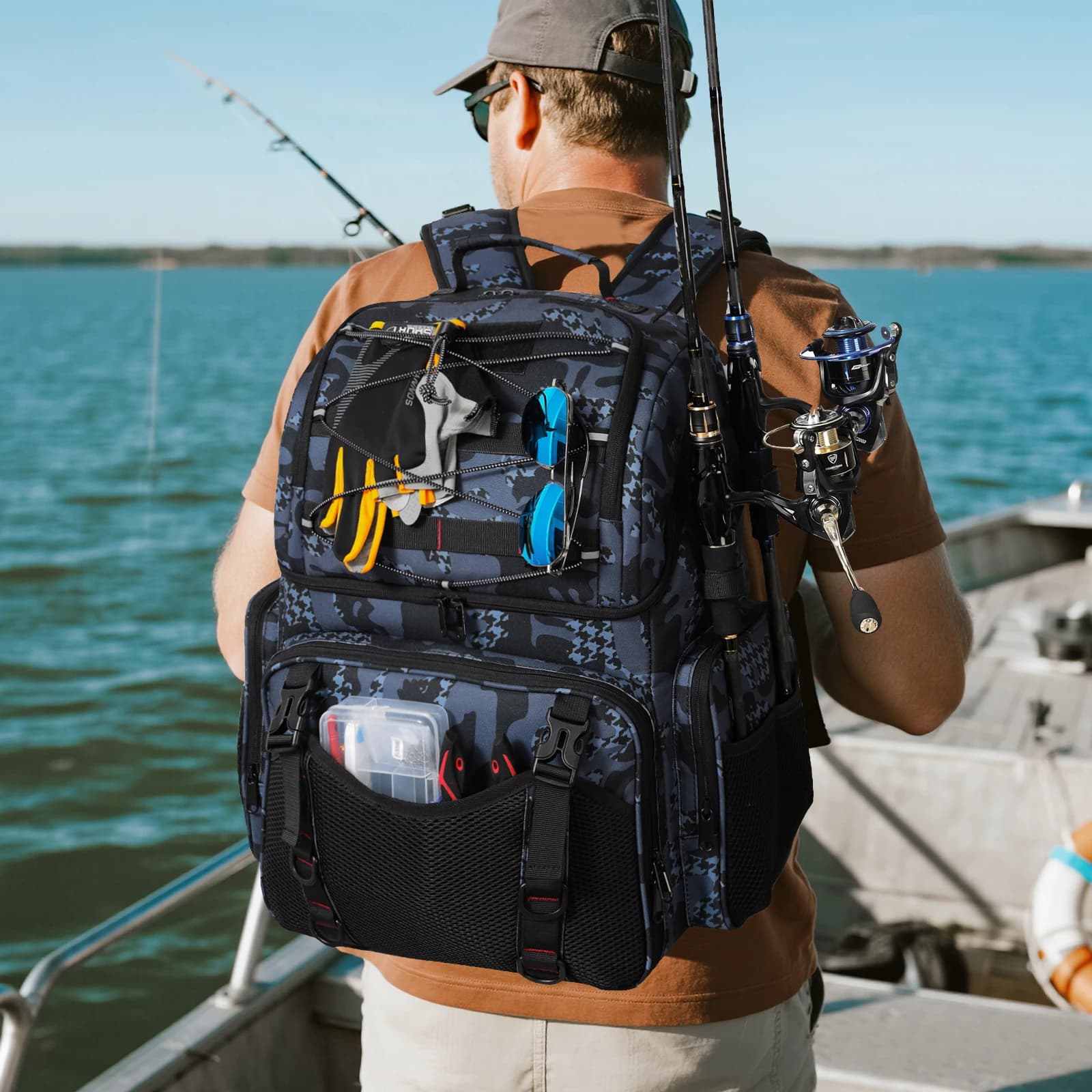Borsa da pesca da 45 litri Borsa per attrezzatura con supporti per aste Borsa per attrezzatura per pesci Organizzatore di esche Zaino portaoggetti Borsa multifunzionale per esterni