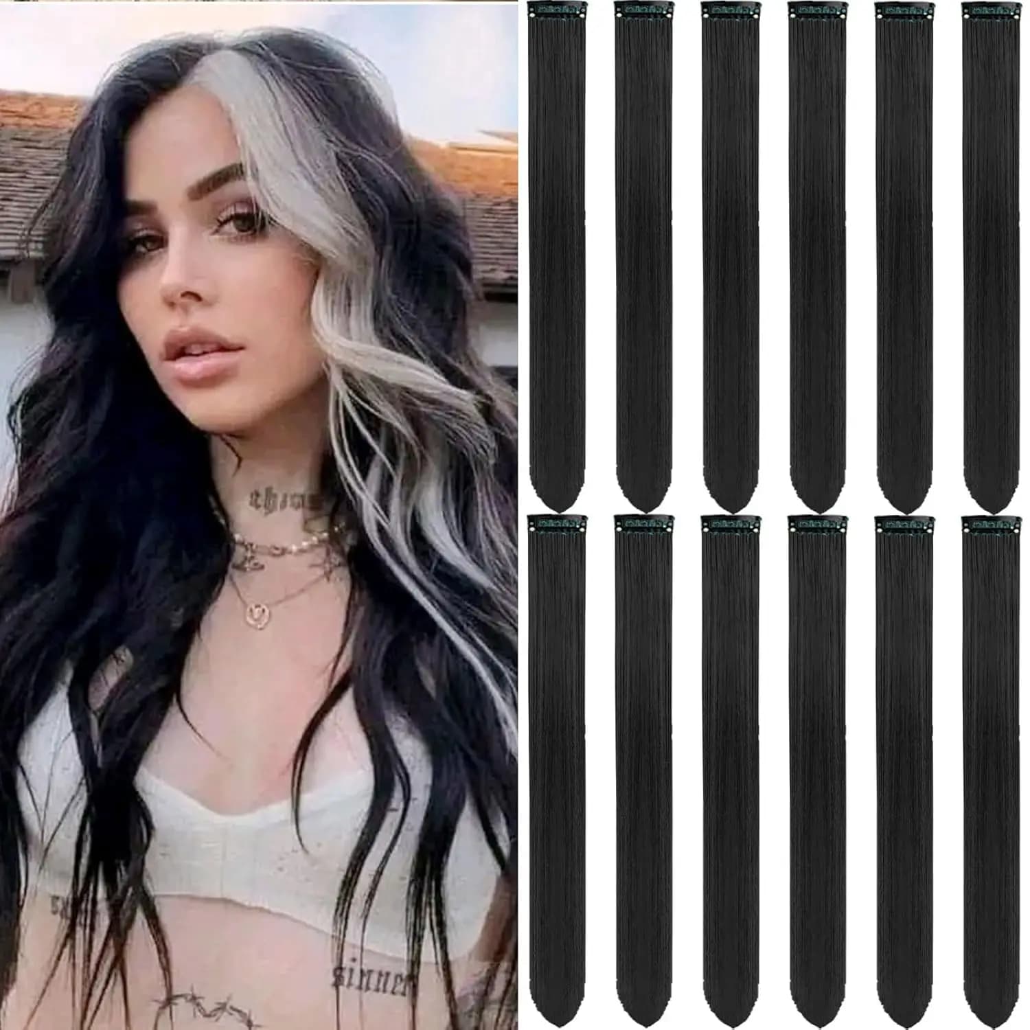 12 Pieces of Extension Synthetic Hair Long and Straight Black with Clips, Colorful Rocks for Party, for Women, Children and Girls, Halloween