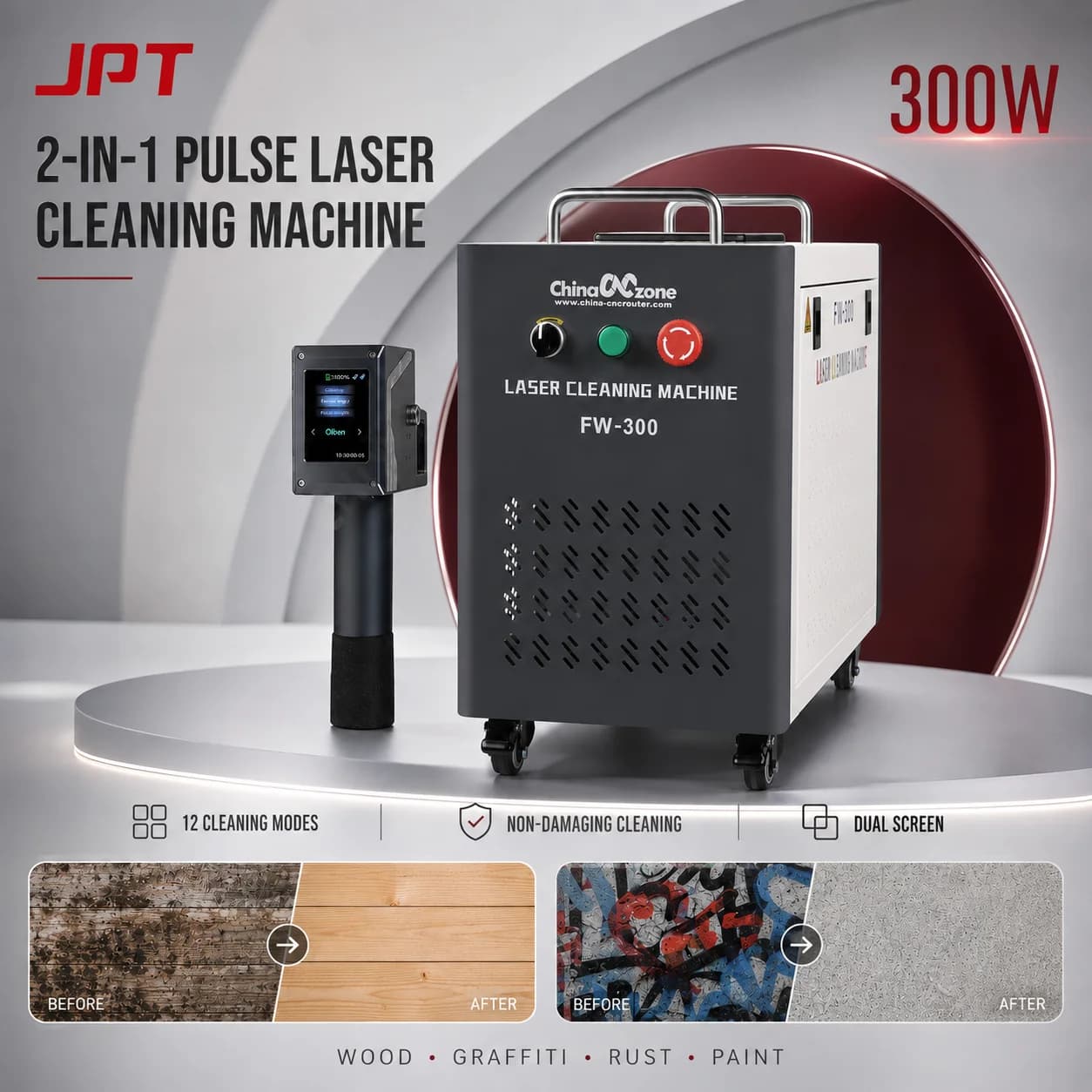 JPT 300W Pulsed Laser Machine 2-IN-1 Cleaner & Marking Paint Oil Graffiti Removal for Metal Wood & Wall Surfaces | Non-Damaging US Stock