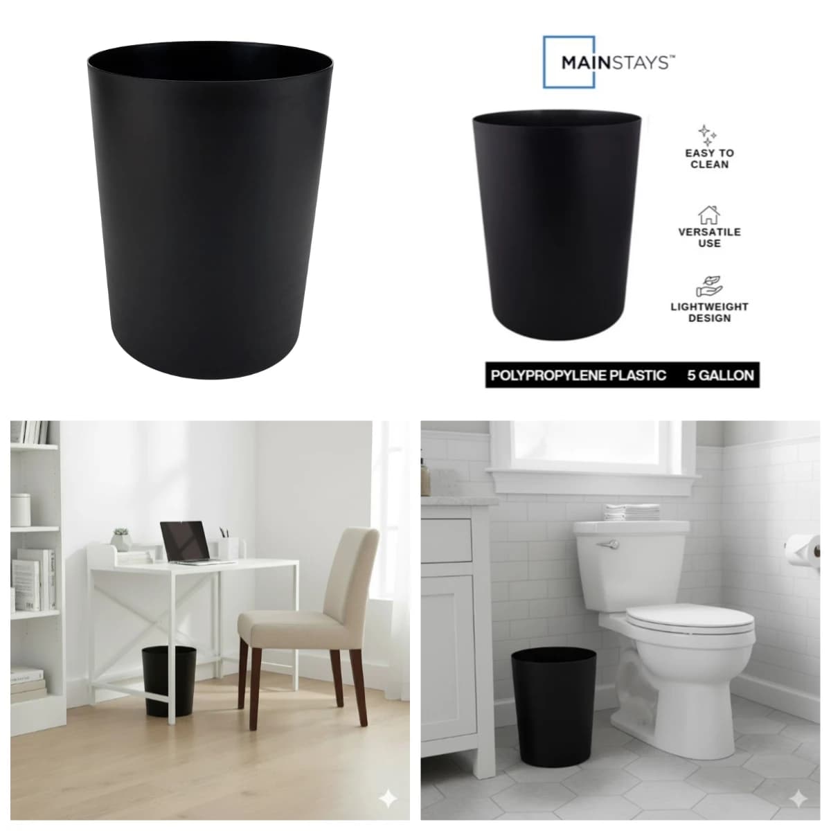 Mainstays Open Top Bathroom Trash Can, 5 Gallon Heavy-Duty Plastic Wastebasket, No Lid Design, Black Matte Finish, Durable Garbage Bin for Bathroom, Kitchen, Bedroom & Office Indoor Use