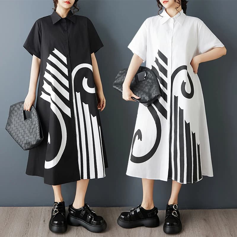Summer Loose Slimming Printed Shirt Dress Midi Casual H-Shape Short Sleeve Women's Fashionable Clothing Long Skirt