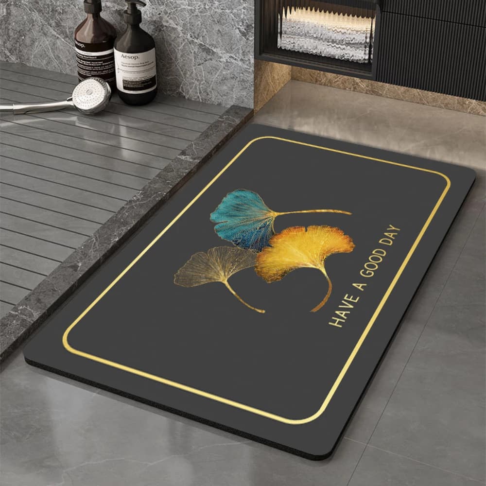 Golden Ginkgo Leaf With Good Day Slogan Print Bath Mat Black Gold Border Luxury Non Slip Quick Dry Absorbent Rug