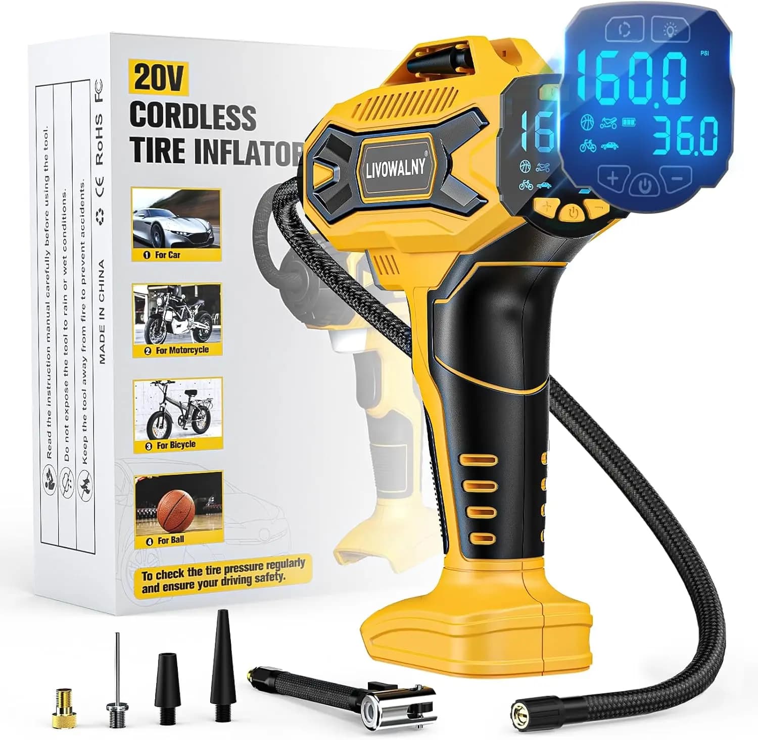 Compressore d'Aria Portatile Senza Fili 160 PSI con Manometro Digitale per Auto, Bici, Palloni Sportivi - Pompa Elettrica Portatile