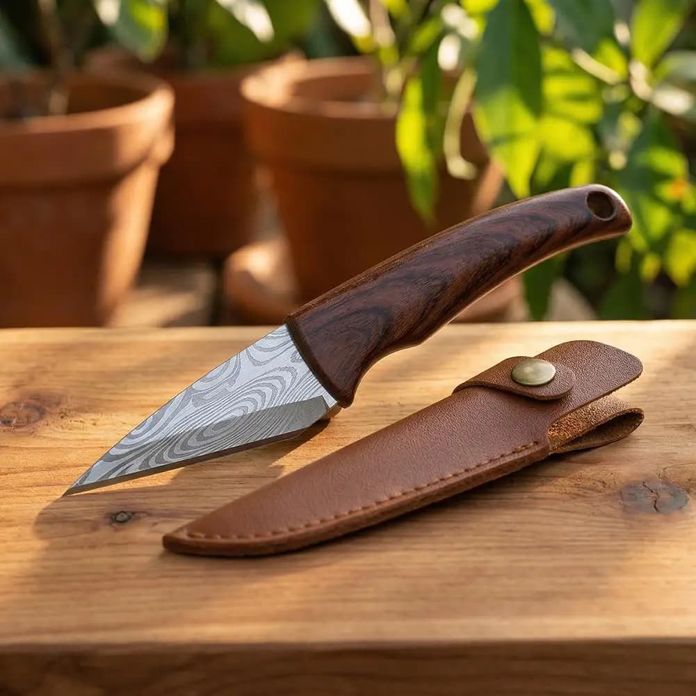 Coltello per Innesto con Manico in Legno e Custodia in Pelle, Adatto per Innesto in Giardino/Disimballaggio, ecc. Attrezzo da Giardino con Manico in Legno Massello