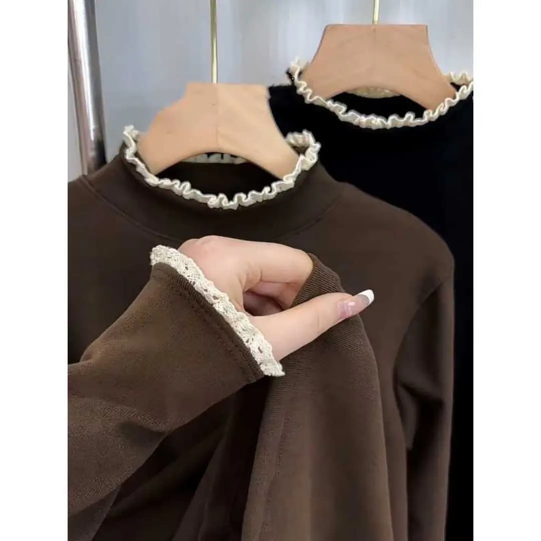 Slim Fit Long Sleeve T-Shirt Women's Autumn Winter New Style Base Shirt Warm Top Lace Patchwork Dervo Korean Style Commute