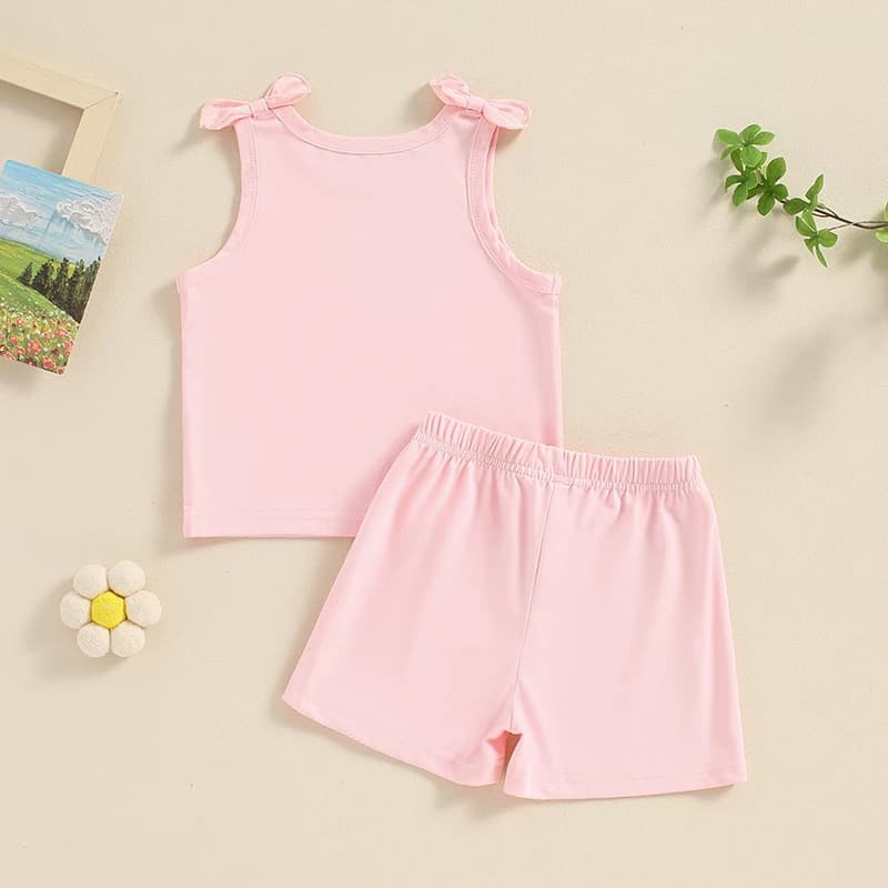 Adorabile maglietta senza maniche per neonata con simpatica stampa grafica e pantaloncini elastici in vita abbinati per il divertimento estivo