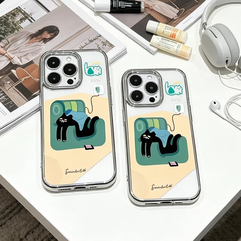 Comfortable Sofa Cat Electroplated Transparent Phone Case for iPhone 17 Air 16 E 15 14 Plus 13 12 Mini 11 Pro Max Silicone Cover