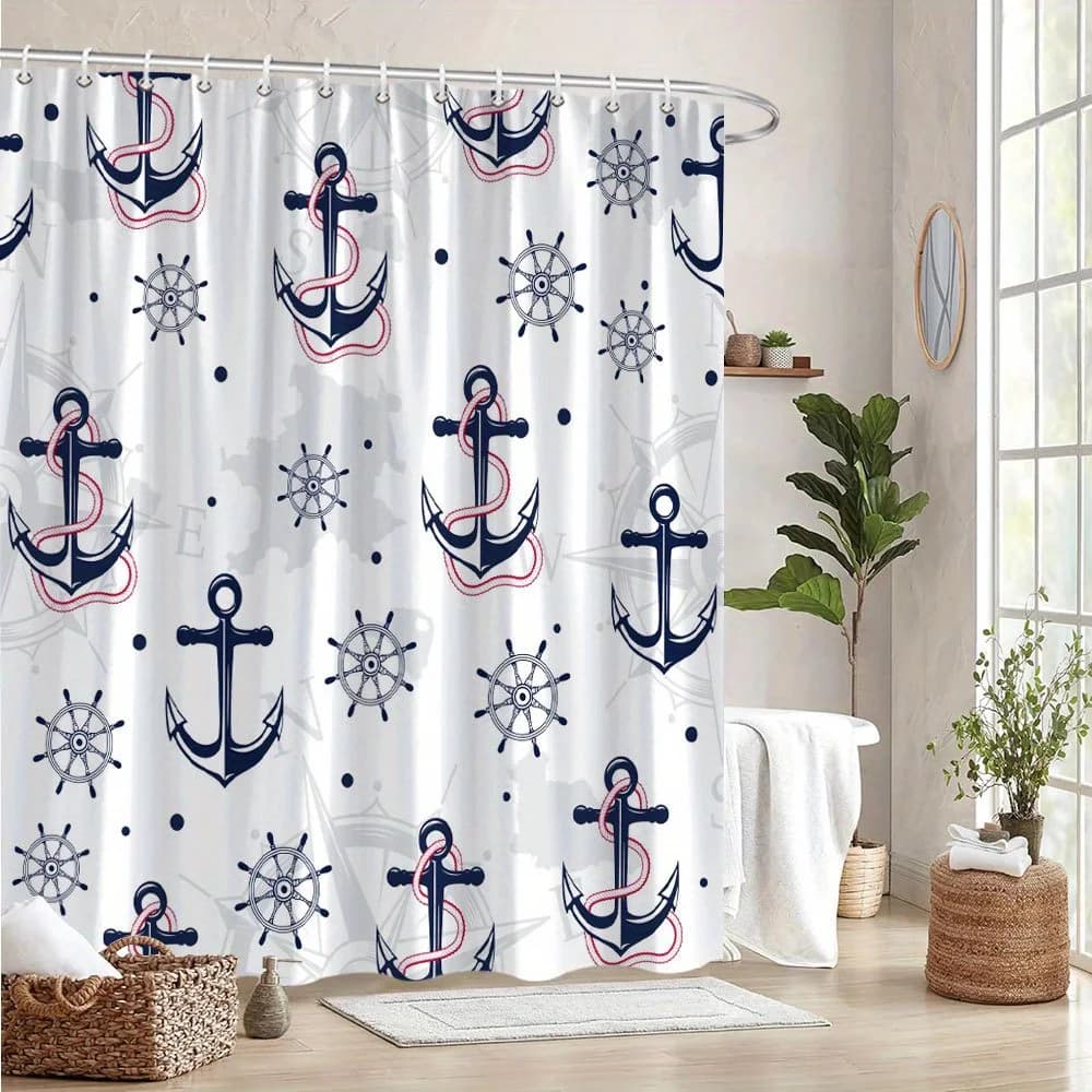 Tenda da doccia con ancore e ruote nautiche - Blu scuro, rosa e grigio, 12 ganci, poliestere lavabile in lavatrice, arredamento da bagno moderno