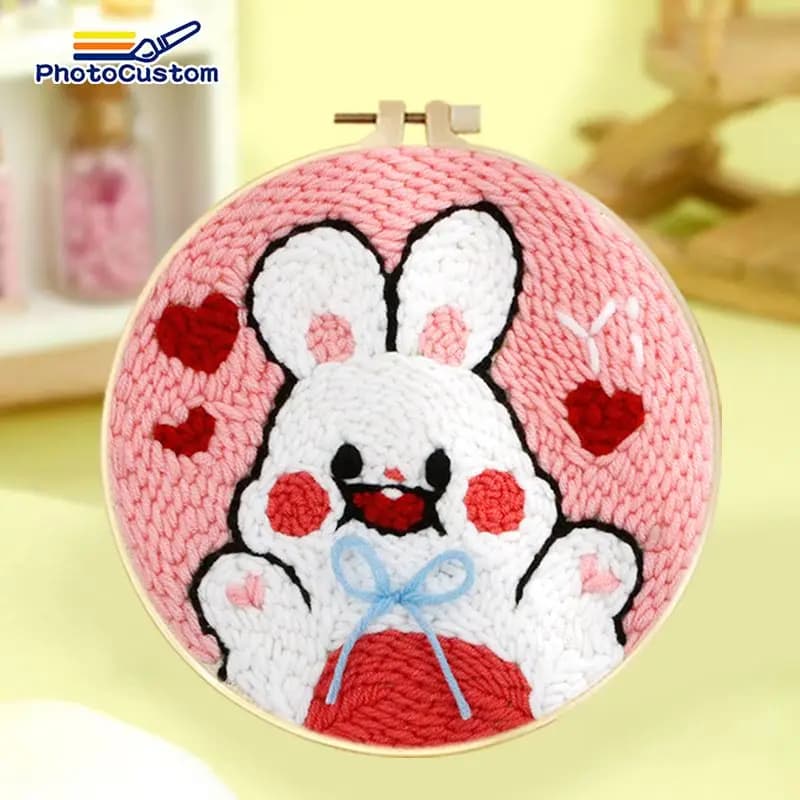 PhotoCustom Punch Needle Kits Adults Beginner Diy Cute Rabbit Pattern Hoop Embroidery Set Starter Punch Needle Tool For Art Craf