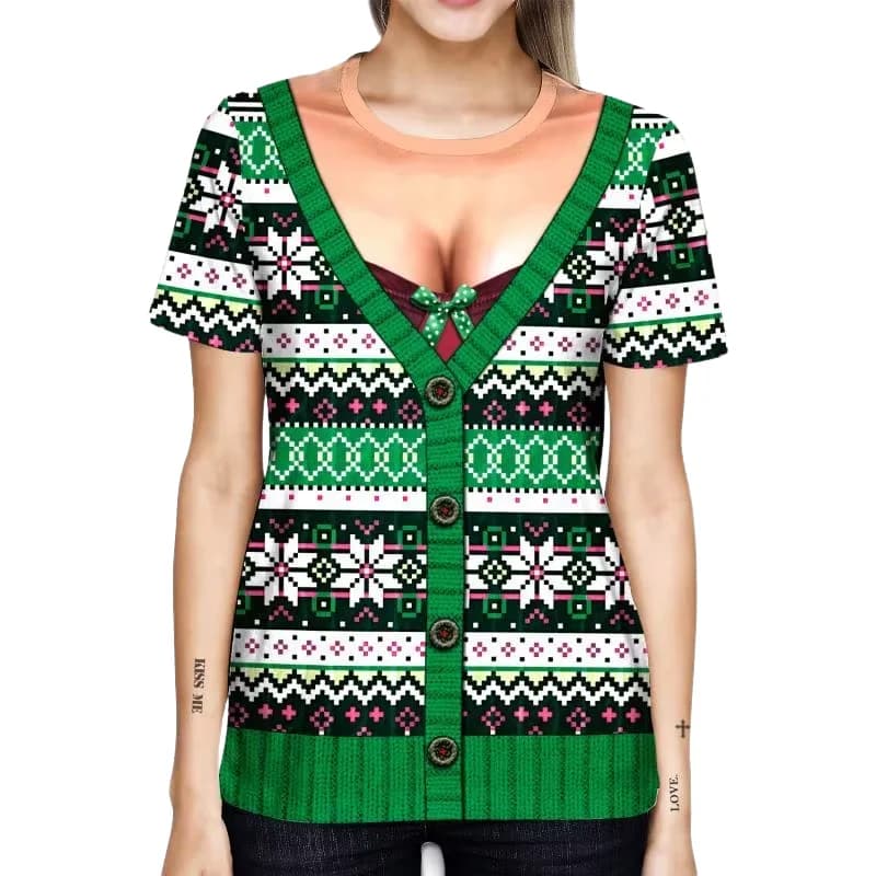 Men Christmas Tee Women T-shirt Cardigan Green Print Digital 3D Top News O-Colle Tees Casual Women Streetwear Holiday Gifts