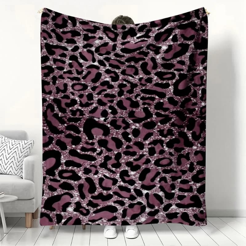 Coperta con stampa leopardata viola glitterata, morbida, calda e accogliente, in flanella, per divano, divano letto, decorazioni per la casa, coperta leggera