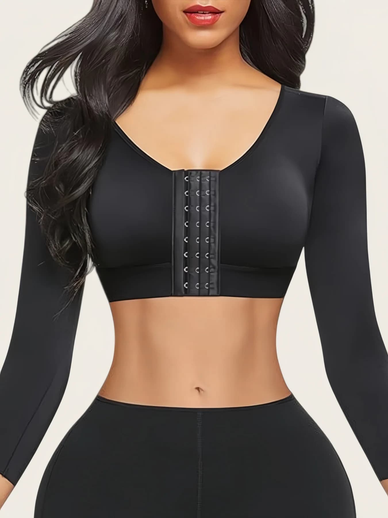 Women's Long Sleeve Upper Comfortable Tight-Fitting Body Shaper Hook Arm Compression Top Bust Lifter Solid Color Shapewear