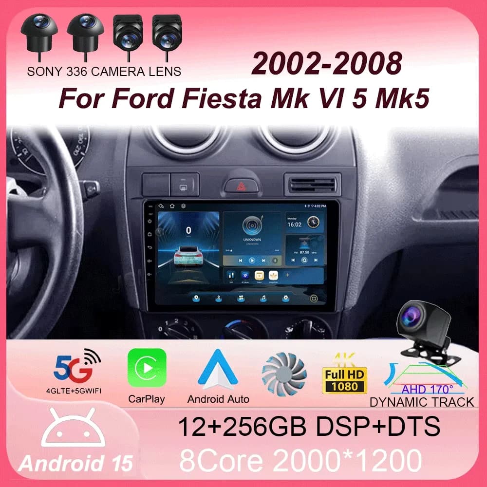 Autoradio Android 16 Carplay Auto per Ford Fiesta Mk VI 5 Mk5 2002-2008 Multimedia GPS Navigazione Lettore Video Stereo 2 Din DVD