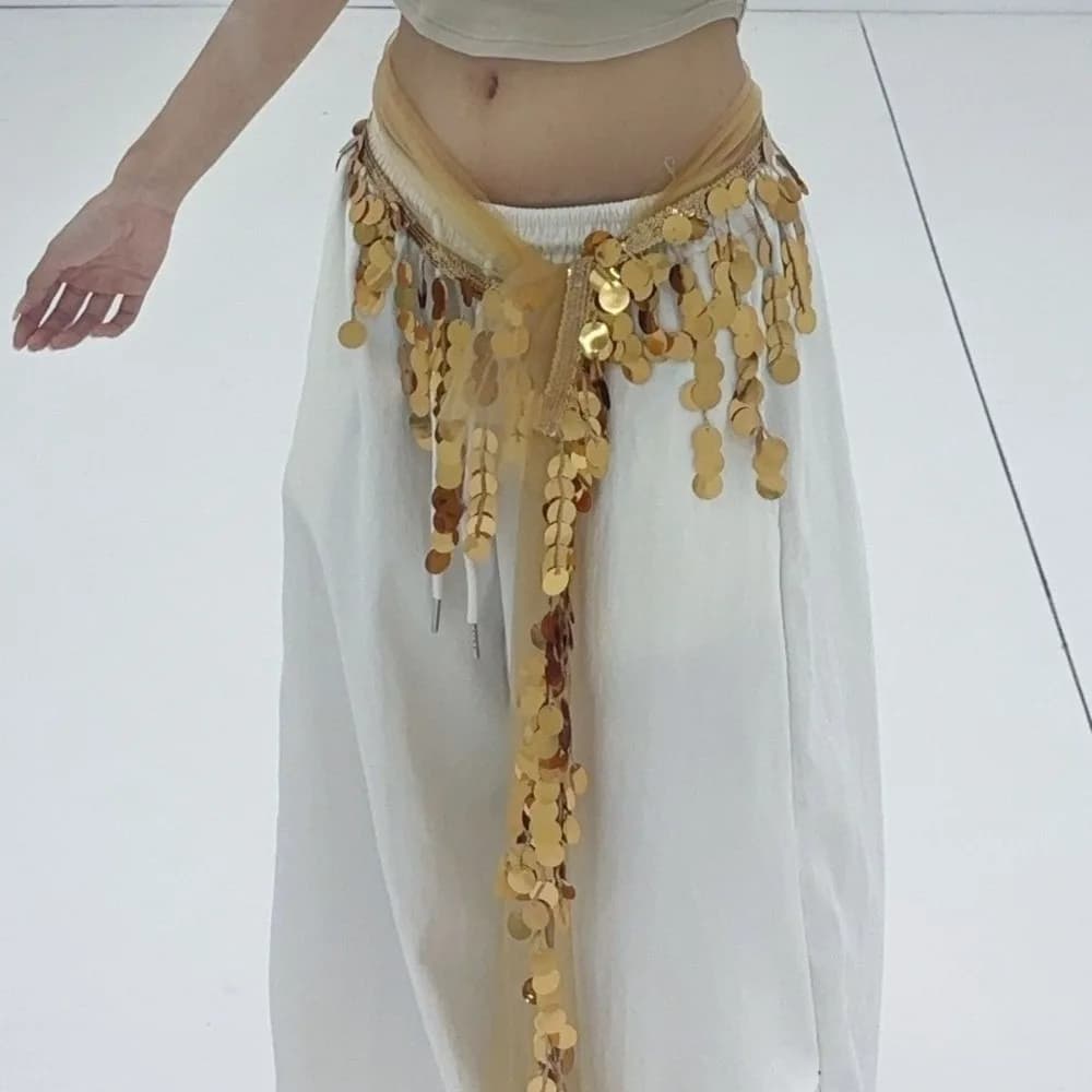 Cintura Creativa per Danza del Ventre con Paillettes Scintillanti, Gonna Lunga con Nappe e Catena in Vita Stile Boho per Danza del Ventre