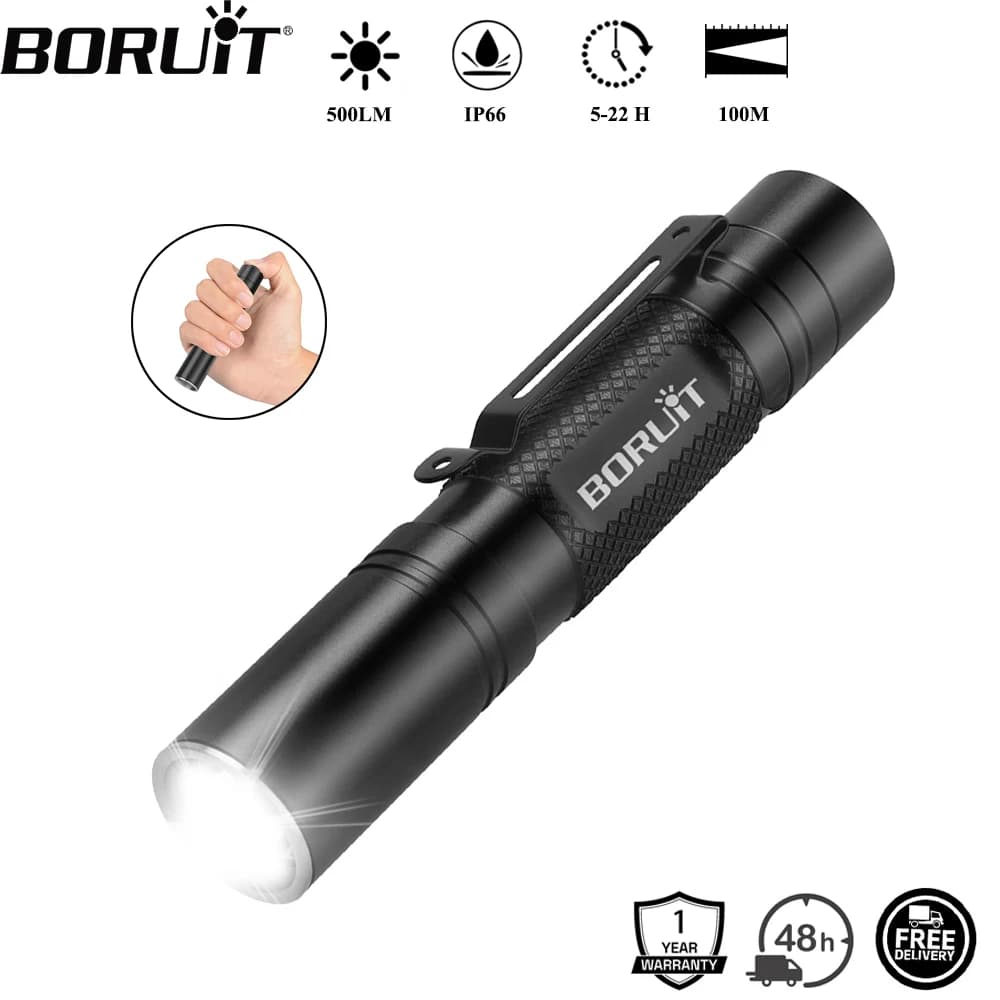BORUiT RJ13 500LM Torcia tattica a LED IP66 Torcia con funzione di memoria impermeabile con clip Lanterna da campeggio Use14500 o batteria AA