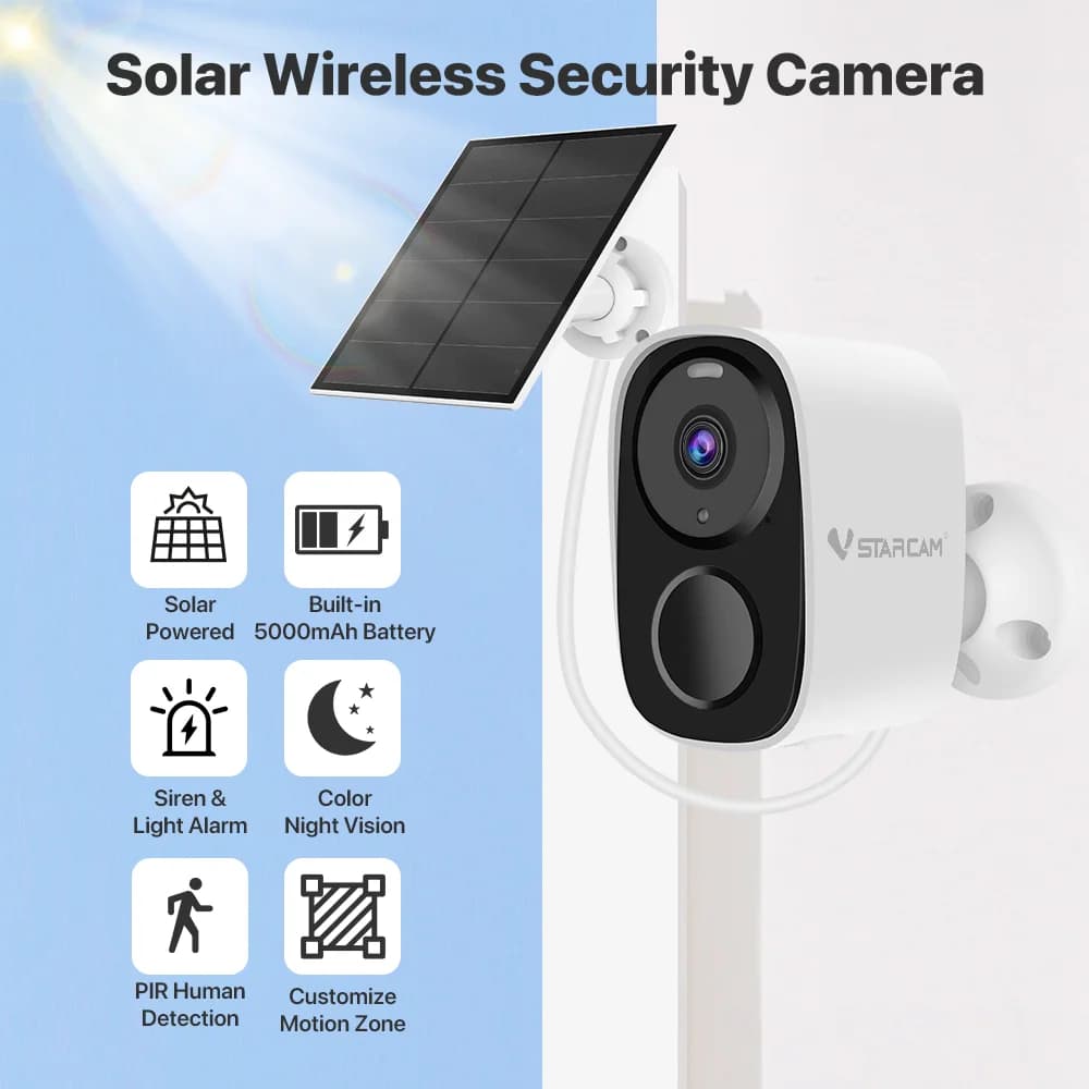 Vstarcam 2K Telecamere di sicurezza solari Telecamera di sicurezza esterna wireless alimentata a batteria Allarme di movimento PIR Archiviazione cloud Audio bidirezionale