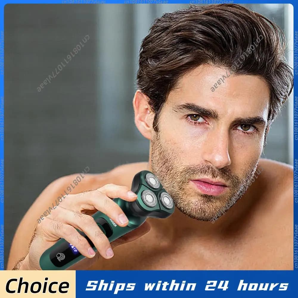 Men's Electric Razor at Three Floating Heads, Waterproof, Strapless, With Digital Display, for Shaving Face and Barba, Portable Razor