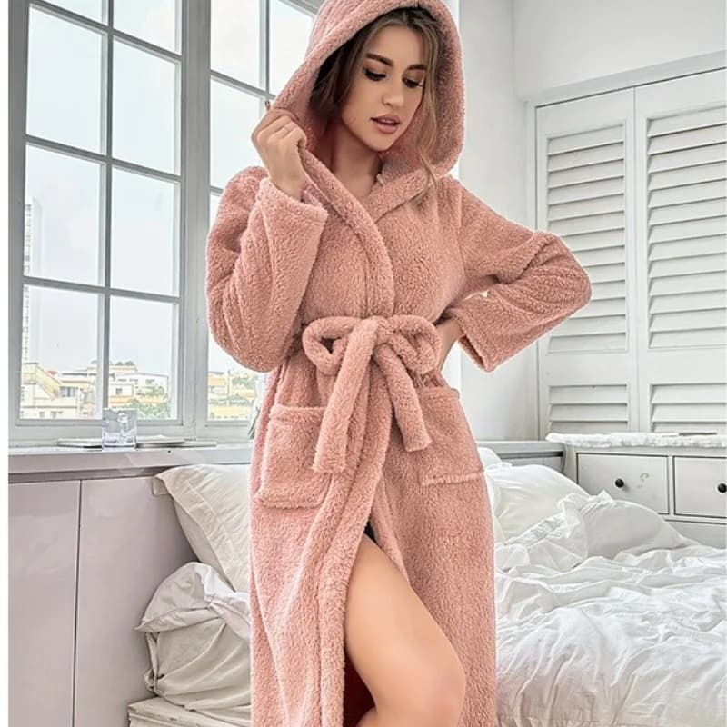 Hooded Robe Loungewear Thick Coral Fleece Hooded Robe Loungewear Women Long Belted Bathrobe Soft Warm Loose Winter Morning Gown