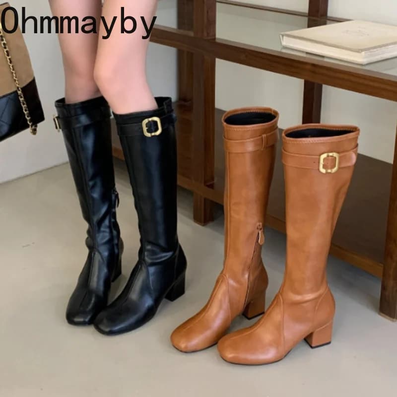 Women Retro Square Toe Knee High Boots Metal Buckle Block Heel Side Zipper Knight Long Boots Casual Fashion Leather Tall Booties