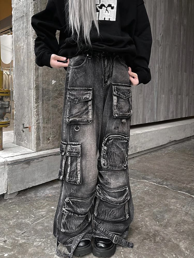 Retro Washed Heavy Duty Workwear Denim Jeans High Waist Wide Leg for Men And Women Street Style Casual All Seasons