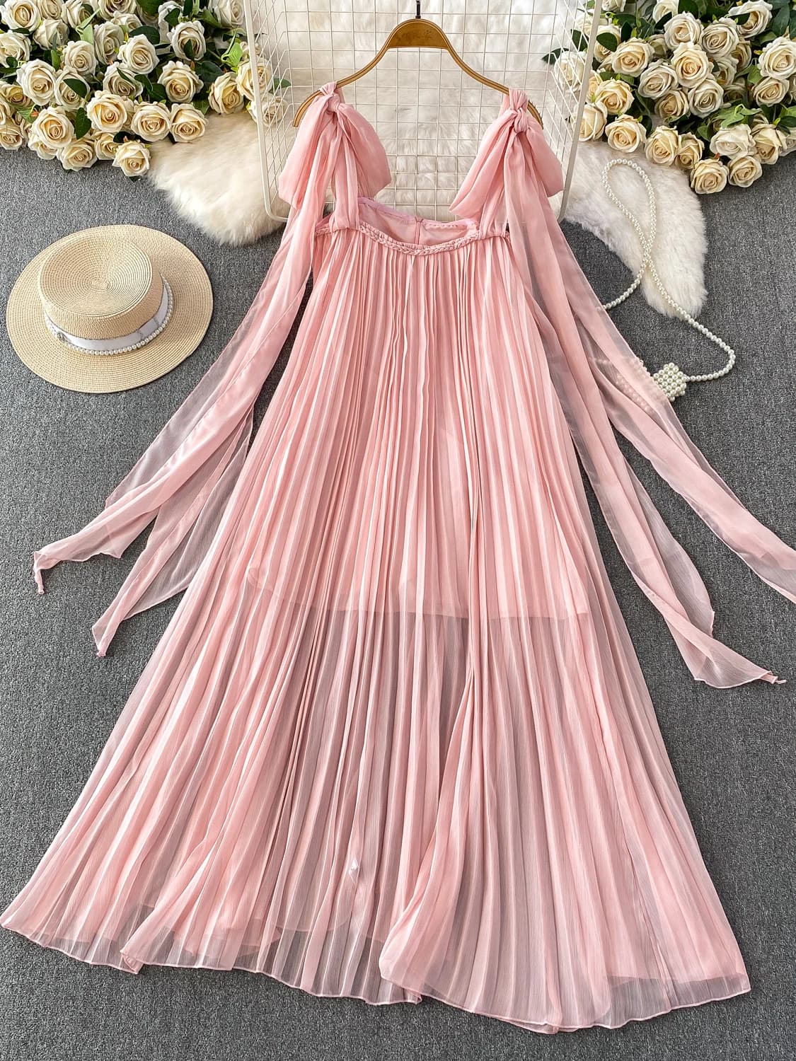 Elegant Knitted Wrap Belted Strap Dress Women's Spring Autumn Loose Pleated Maxi Skirt Date Dress Stylish City Commute Dress