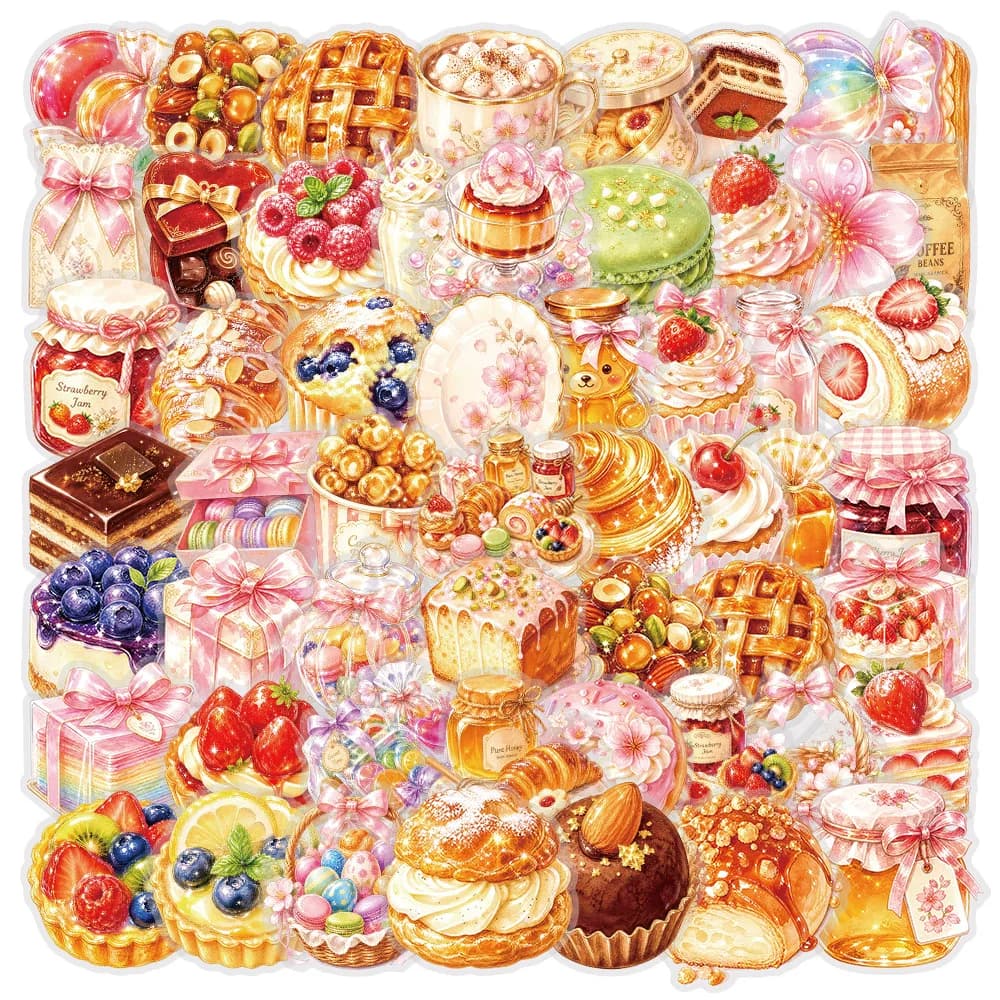 50PCS Fairy Tale Style PET Watercolor Candy Stickers Afternoon Tea Cookies and Pudding Decal DIY Luggage Phone Classic Kid Toys