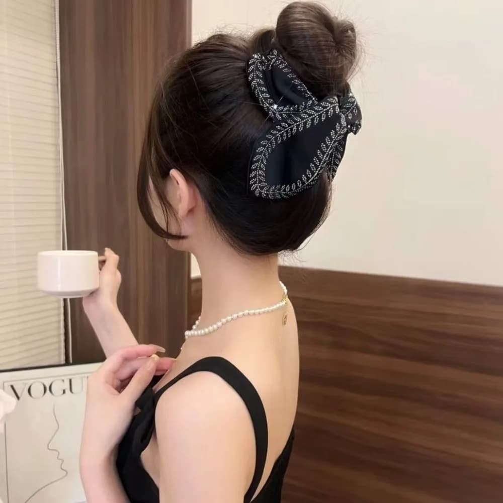 Elegant Bow Hair Claw Black Satin Glamorous Style Shark Clip Wheat Ear Hair Clip Women