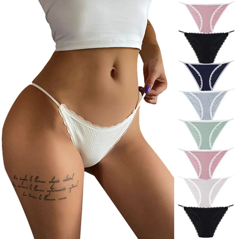 Women's Pure Cotton Ribbed Sexy Underwear Lace Thin Straps Seamless Briefs Comfortable Breathable Panties Lingerie