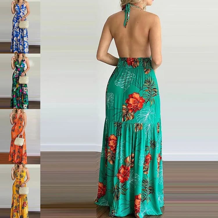 Floral Maxi Dress Long Backless Summer Elegant Gown for Women Vacation Beach Wedding Guest Outfit Flowy Evening Party Skirt