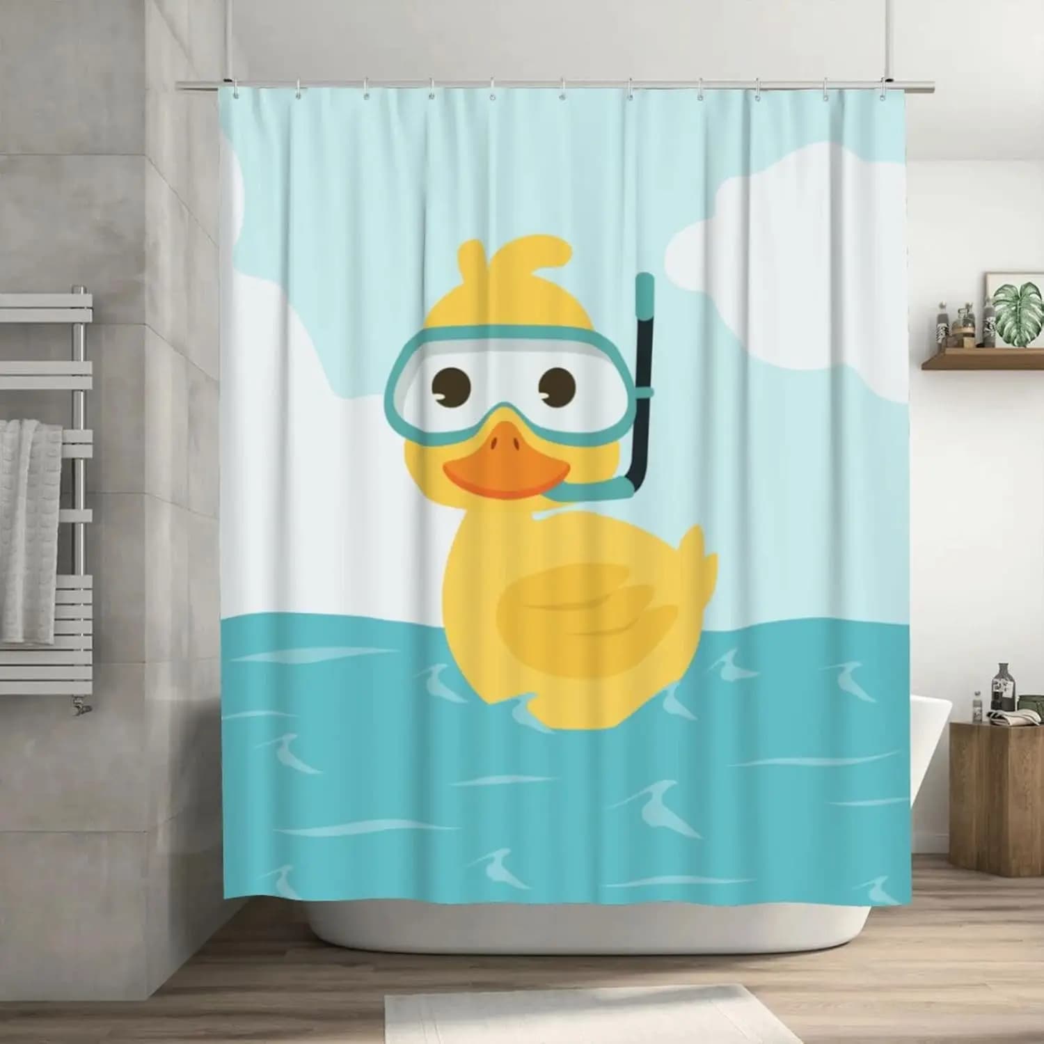 Tenda da doccia con simpatico anatroccolo che nuota nell'oceano con snorkel e occhialini per l'arredamento del bagno dei bambini