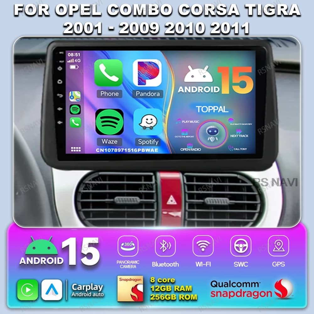 Car Radio Android 14 For Opel Combo Corsa Tigra 2001 - 2009 2010 2011 Autoradio 4G LTE GPS BT Stereo Qualcomm QLED DSP 5G WIFI