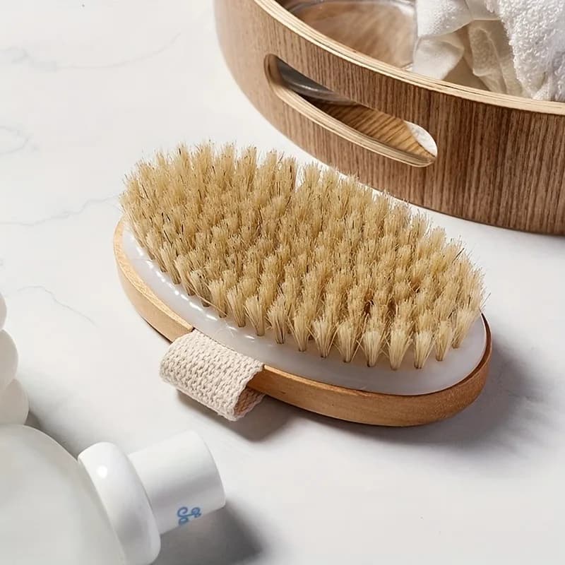 Spa brush for body with natural bristles for wet and dry skin, soft bath massager for home use