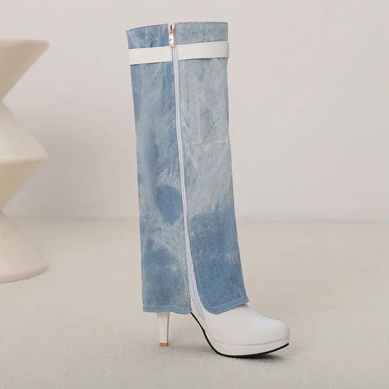 ORCHALISA Fashion Women Long Boots Knee Bota Round Toe High Heels 10cm Platform 2cm Zipper Belt Buckle Big Size 42 43 33