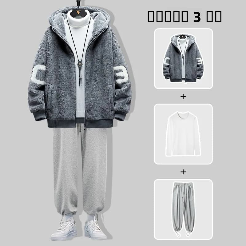 Giacca in Cotone Foderata in Pelliccia d'Agnello, Set Invernale alla Moda per Uomo, Tuta Sportiva Casual in Tre Pezzi per Adolescenti in Poliestere
