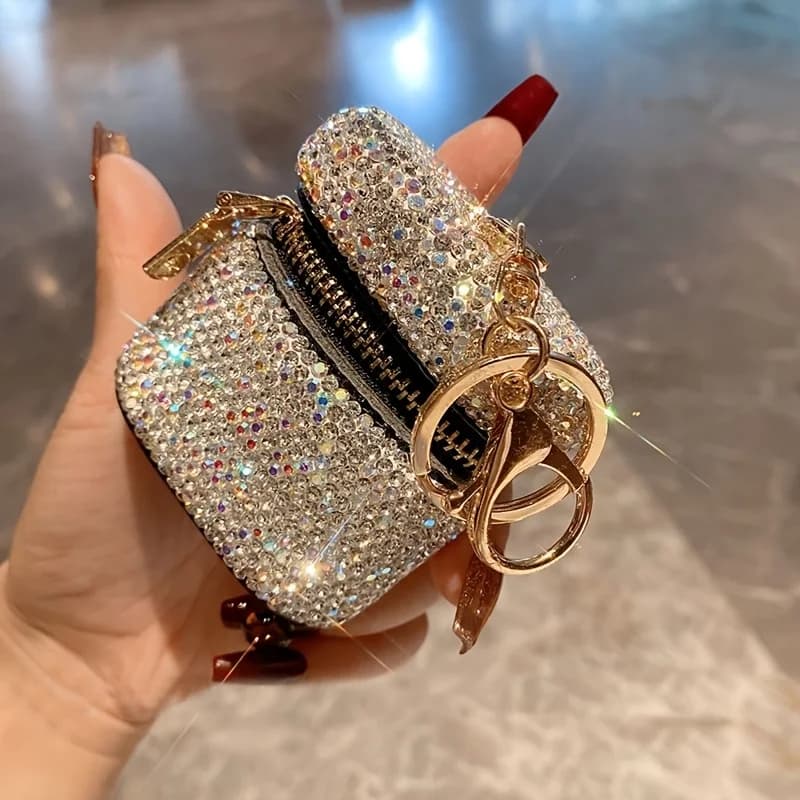 Mini Pochette in Vera Pelle con Strass e Catena Staccabile per Charm da Borsa, Portachiavi, Custodia Portatile per Auricolari, Porta Rossetto
