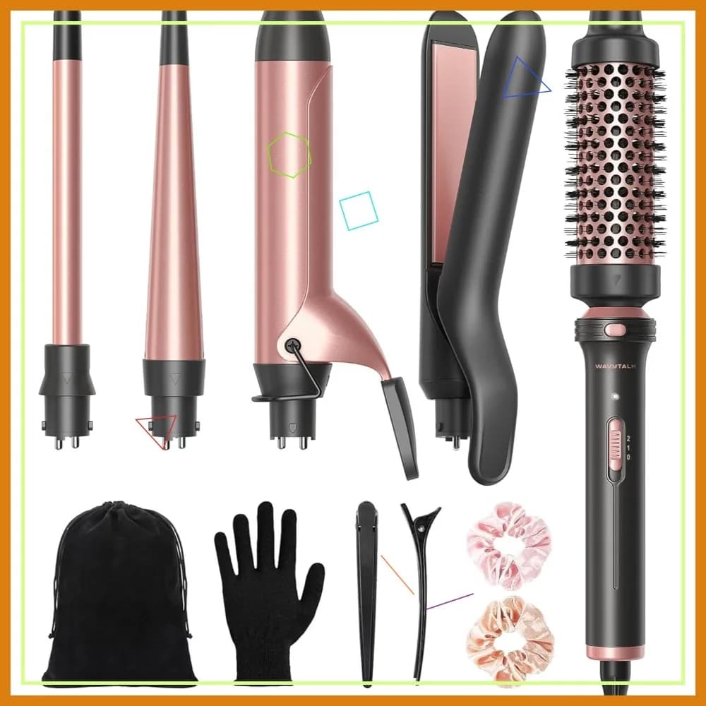 Set Ferro Arricciacapelli 5-in-1 con Spazzola Termica e 4 Bacchette Intercambiabili, Riscaldamento Istantaneo, Oro Rosa