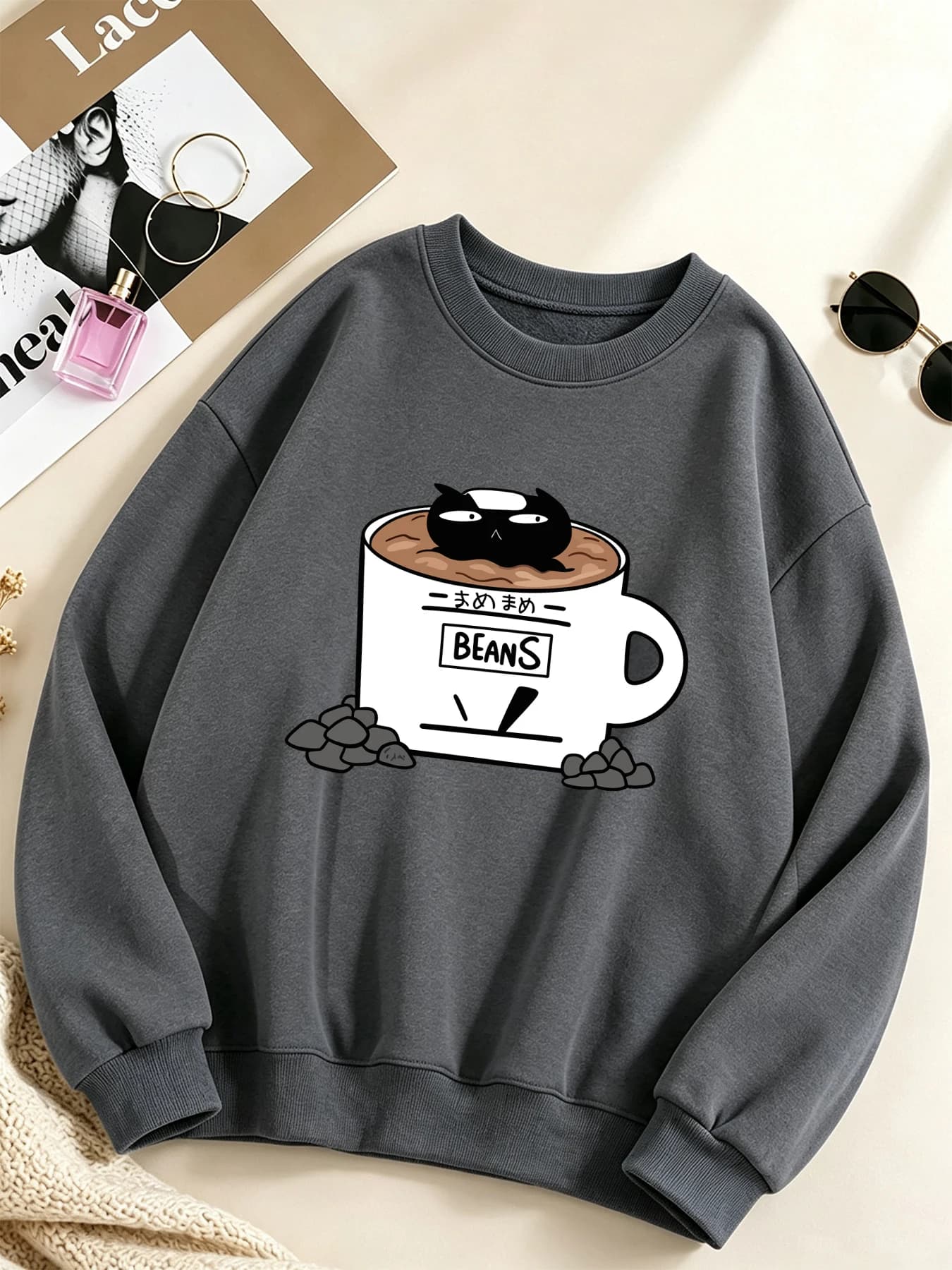 Cat In Coffee Beans Cup Prints Womens Sweatshirt Autumn Loose Clothing Fleece Pullover Crewneck Unisex Casual Sportswear