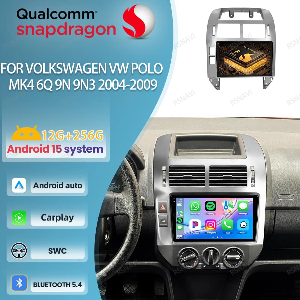 Autoradio Android 15 For Volkswagen VW Polo MK4 6Q 9N3 2004-2009 4G LTE Stereo DSP 5G WIFI QLED GPS navigation Autoradio DVD