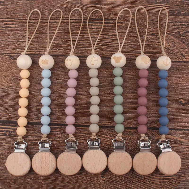 Cartoon Wooden Baby Pacifier Clip Silicone Bead Infant Teether Soother Anti-drop Chain Newborn Teething Toy Dummy Nipple Holder
