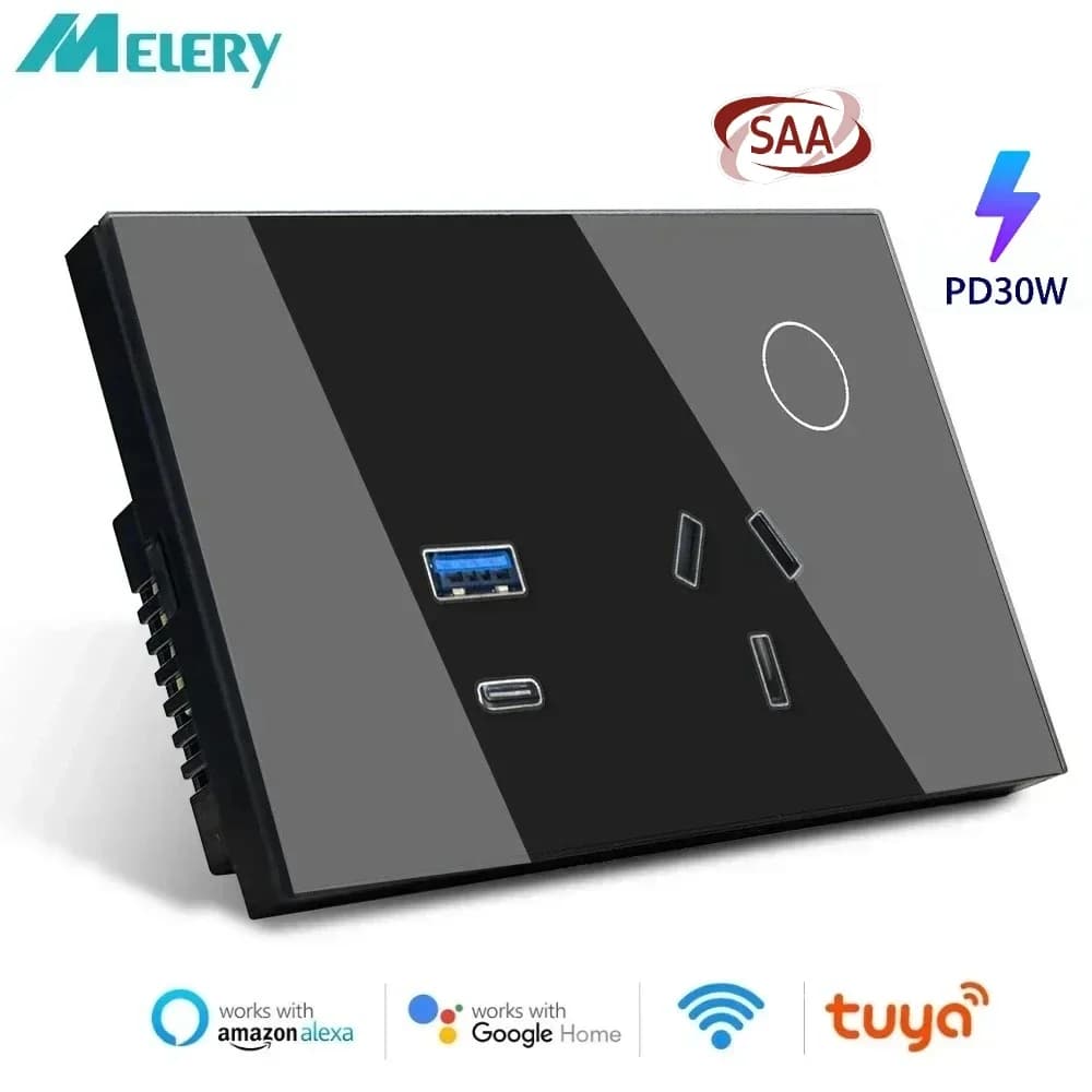 Melery Wall Mounted WIFI Tuya Smart Australia Plug USB Type-C 30W socket Argentina remote power touch sensor from Alexa Google Home