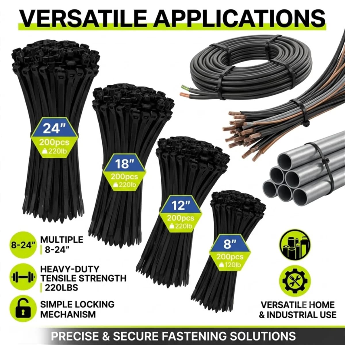 800Pcs Heavy Duty Cable Ties 8 12 18 24 Inch 220 Lbs Tensile Strength UV Resistant Nylon Zip Ties for Wire industrial materials