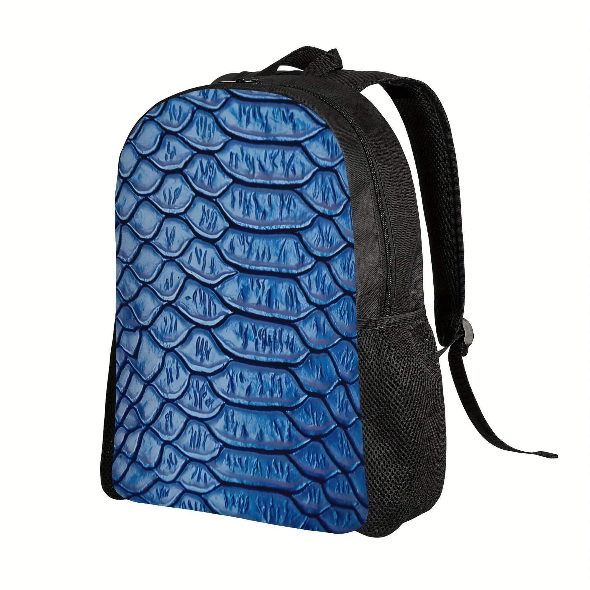 1 backpack with snakeskin pattern, equipped with a blue shoulder strap with snakeskin pattern and zip closure. She's a pretty student