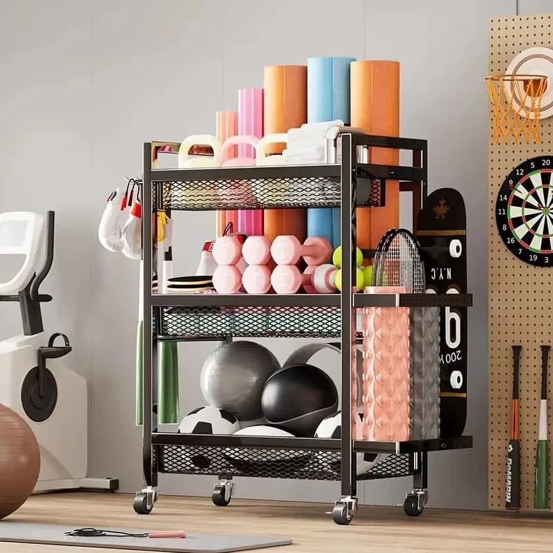 Fitness equipment rack, sports rack with wheels for yoga mats, foam rollers, handlebars and storage baskets