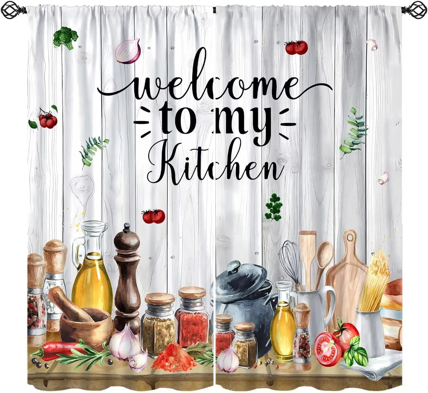 Rustic Kitchen Curtains, Farmhouse Watercolor Kitchenware Vegetable Fruit Bakery Utensil Window Drapes for Dining Room