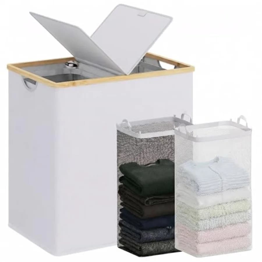 Laundry Hamper with Lid Double Laundry Hamper with 2 Removable Bags 2 Section Laundry Basket with Bamboo Handles for Bathroom B