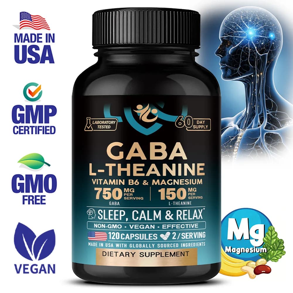 GABA L-theanine - Stress Relieving Supplement - Magnesium | Vitamin B6-750 Mg Gamma Aminobutyric Acid 120 Capsules