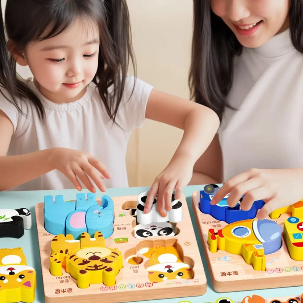 Gioco 4 in 1 Puzzle in legno 3D Cartone animato educativo Blocchi arcobaleno in legno Puzzle Puzzle per bambini in legno con animali di alta qualità